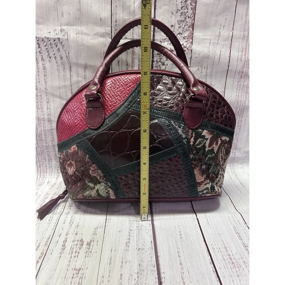 Vintage Style Burgundy Patchwork Satchel Floral Tapestry Croc Embossed Dome Bag